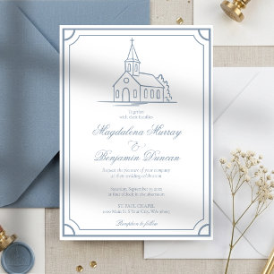 Elegante Stofblauwe Christelijke Kapel Kerk Huweli Kaart