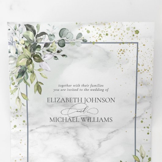 Elegante Stofblauwe Eucalyptus Groen Marble Drieluik Uitnodiging (Binnenzijde eerst)