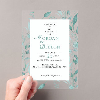 Elegante Stofblauwe Eucalyptus Turquoise Bloemige Acryl Uitnodigingen