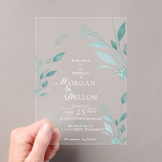 Elegante Stofblauwe Eucalyptus Turquoise Bloemige Acryl Uitnodigingen