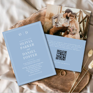Elegante Stofblauwe Foto QR Code Trouwkaart Kaart
