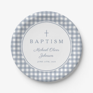 Elegante Stofblauwe Gingham Jongensdoop Papieren Bordje