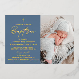 Elegante Stofblauwe Gouden Kruis Baby Doop Foto Folie Uitnodiging