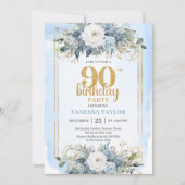 Elegante Stofblauwe Gouden Uitnodiging voor 90ste (Voorkant)