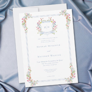 Elegante Stofblauwe Pastel Wilde Bloem Crest Bruil Kaart