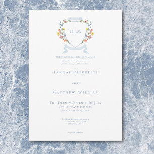Elegante Stofblauwe Pastel Wilde Bloem Crest Bruil Kaart