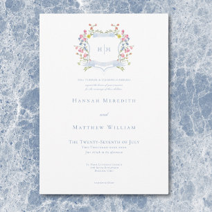 Elegante Stofblauwe Pastel Wilde Bloem Crest Bruil Kaart