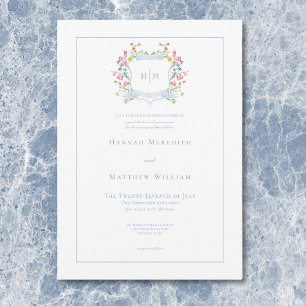 Elegante Stofblauwe Pastel Wilde Bloem Crest Bruil Kaart