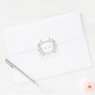 Elegante Stofblauwe Pastel Wilde Bloem Crest Bruil Vierkante Sticker