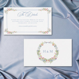 Elegante Stofblauwe Pastel Wilde Bloem Crest Trouw Informatiekaartje