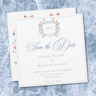 Elegante Stofblauwe Pastel Wilde Bloem Crest Trouw Save The Date