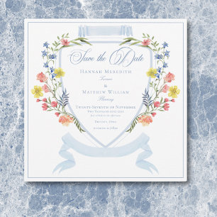 Elegante Stofblauwe Pastel Wilde Bloem Crest Trouw Save The Date