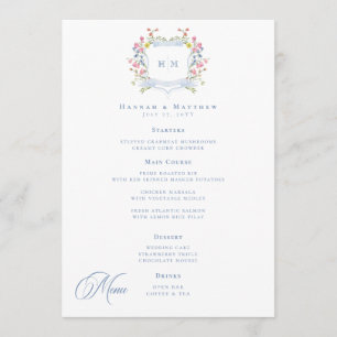 Elegante Stofblauwe Pastel Wilde Bloem Wapen Huwel Menu