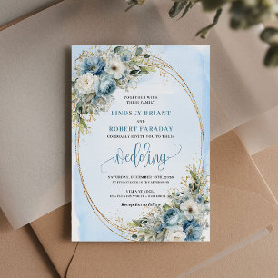Elegante Stofblauwe Pioen Bloemige Gouden Glitter  Kaart