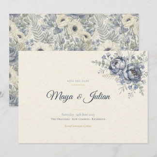 Elegante Stofblauwe Pioen Franse Bloemige Trouw Save The Date