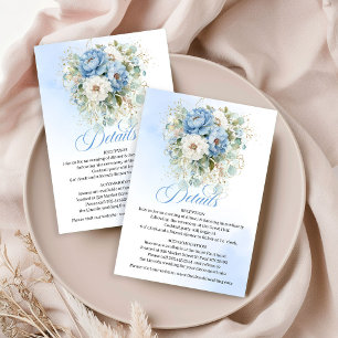 Elegante Stofblauwe Pioenrozen Gouden Details Kaar Informatiekaartje
