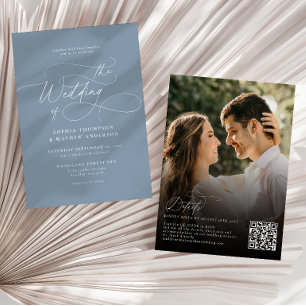 Elegante Stofblauwe QR Code Rsvp Foto Bruiloft Kaart