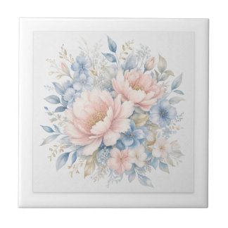 Elegante Stofblauwe Roze Bloemige Watercolor Kunst Tegeltje