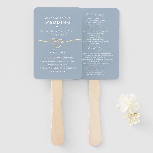 Elegante Stofblauwe Script Huwelijksprogramma Hand Handwaaier (Voorkant en achterkant)