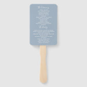 Elegante Stofblauwe Script Huwelijksprogramma Hand Handwaaier (Achterkant)