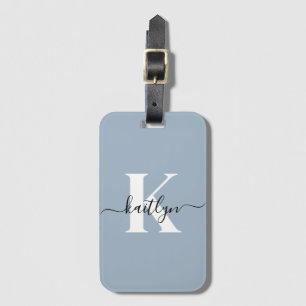 Elegante Stofblauwe Script Monogram Bagagelabel