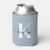 Elegante Stofblauwe Script Monogram Blikjeskoeler (Blikje Voorkant)