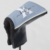 Elegante Stofblauwe Script Monogram Golfheadcover (3/4 voorkant)