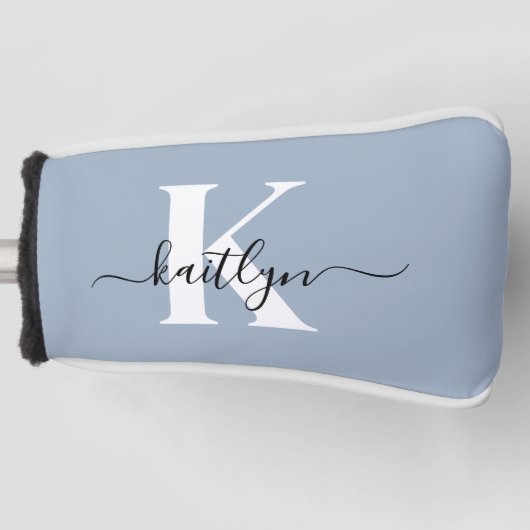 Elegante Stofblauwe Script Monogram Golfheadcover (Voorkant)