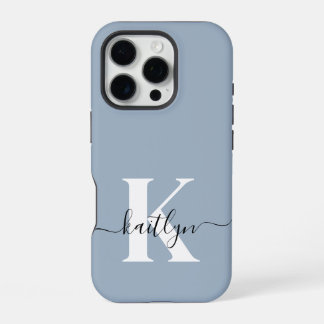 Elegante Stofblauwe Script Monogram iPhone 16 Pro Hoesje