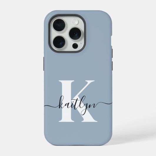 Elegante Stofblauwe Script Monogram iPhone Hoesje (Achterkant)