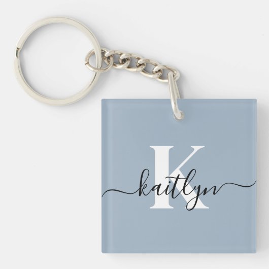 Elegante Stofblauwe Script Monogram Sleutelhanger (Voorkant)