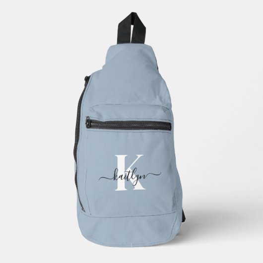 Elegante Stofblauwe Script Monogram Sling Bag (Voorkant)