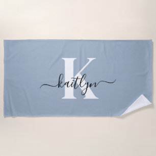 Elegante Stofblauwe Script Monogram Strandlaken