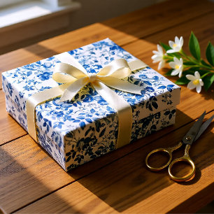 Elegante Stofblauwe Toile Bloemige Bruiloft Cadeaupapier