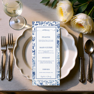 Elegante Stofblauwe Toile Bloemige Trouwreceptie Menu