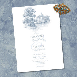 Elegante Stofblauwe Toile Franse Landhuis Bruiloft Kaart