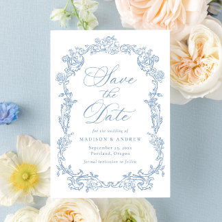 Elegante Stofblauwe Victoriaanse Bloemrijke Lijst Save The Date