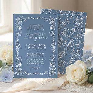 Elegante Stofblauwe Vintage Bloemige Bruiloft Kaart
