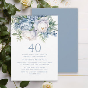 Elegante Stofblauwe Witte Bloem 40e Verjaardag Kaart