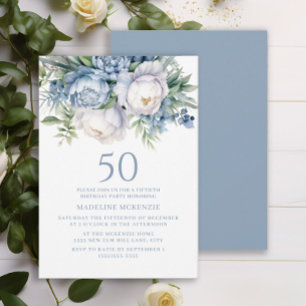Elegante Stofblauwe Witte Bloem 50e Verjaardag Kaart