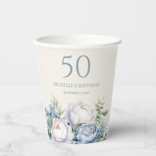Elegante Stofblauwe Witte Bloem 50e Verjaardag Naa Papieren Bekers