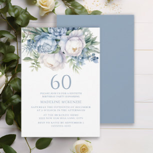 Elegante Stofblauwe Witte Bloem 60e Verjaardag Kaart