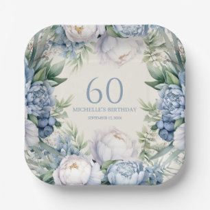 Elegante Stofblauwe Witte Bloem 60e Verjaardag Papieren Bordje