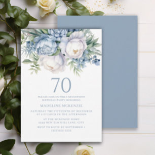 Elegante Stofblauwe Witte Bloem 70e Verjaardag Kaart
