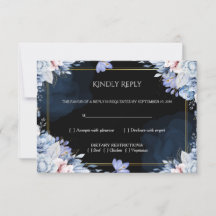Elegante Stofblauwe Zwarte Bloemige Trouw RSVP Kaa