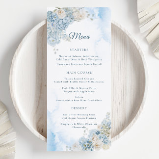 Elegante stoffige blauw ivoor Roos bloemen bruilof Menu