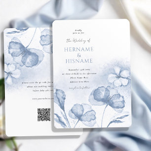 Elegante stoffige blauwe bloemen QR RSVP bruiloft Kaart