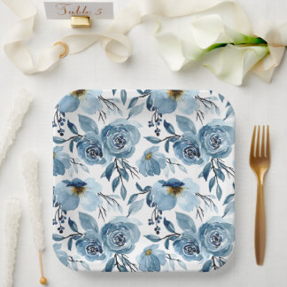 Elegante stoffige blauwe bloemen & witte vierkante papieren bordje