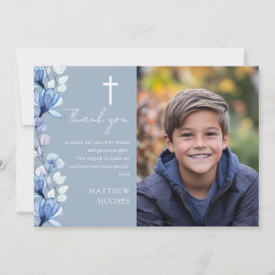 Elegante stoffige blauwe bloemenfoto-bevestiging bedankkaart