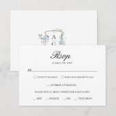 Elegante stoffige blauwe bloemenmonogram crest RSVP kaartje (Voorkant / Achterkant)